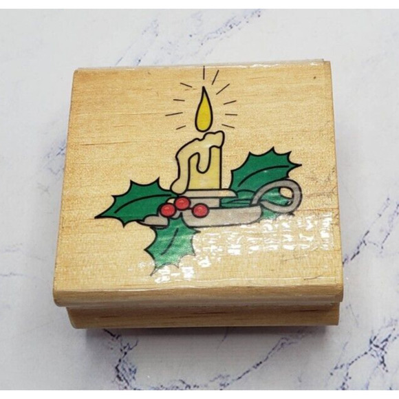 Holiday Christmas Candle With Holly Canadian Maple Collections Rubber Stamp - Picture 4 of 8